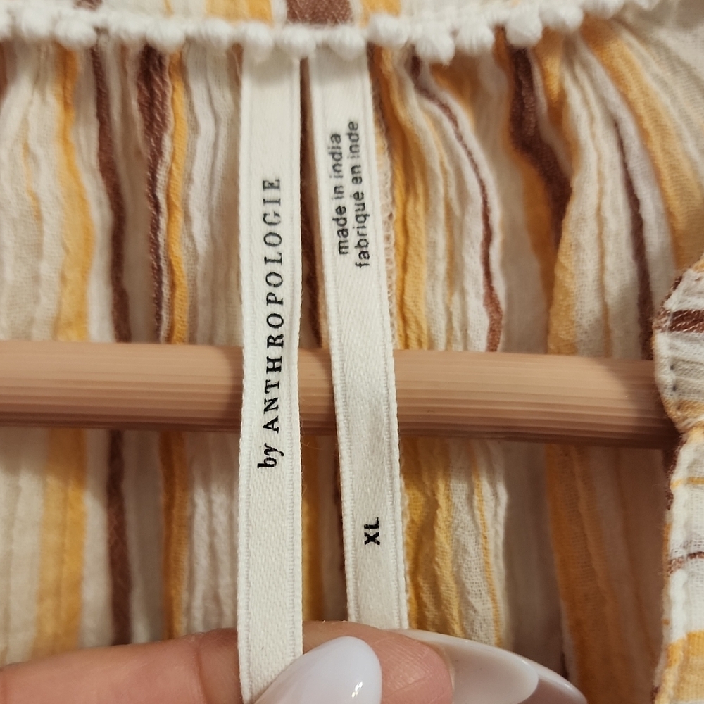 Anthropologie Striped Tie-Front Balloon-Sleeve Tunic in Cream and Tan - Picture 2 of 6